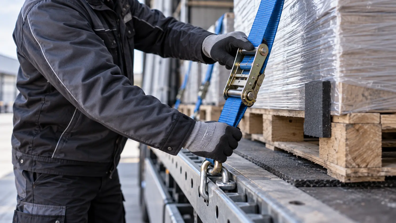 Detailaufnahme eines Zurrgurts an einem Sicherungspunkt auf einer Lkw-Ladefläche
