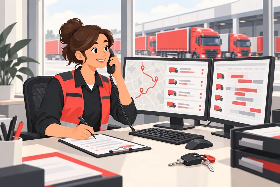 Disponentin plant Fahrzeuge und Transportabläufe am Arbeitsplatz
